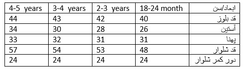 جدول سایزبندی بلوز شلوار طرح صلح ایندیگو