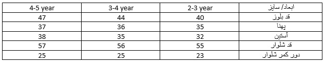 جدول سایزبندی بلوز و شلوار پسرانه میکی موس ایندیگو